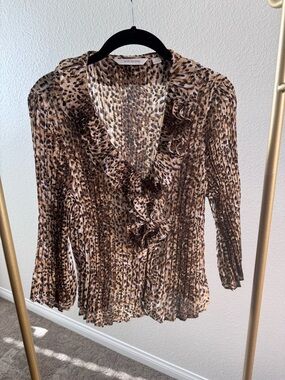 erin london Brown Leopard Ruffle V-Neck Blouse